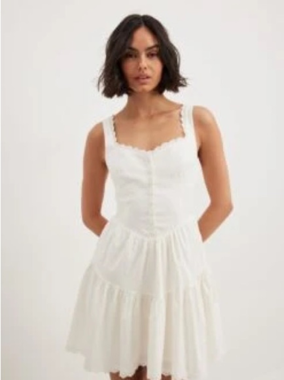 Lace-Trim White Tiered Mini Dress